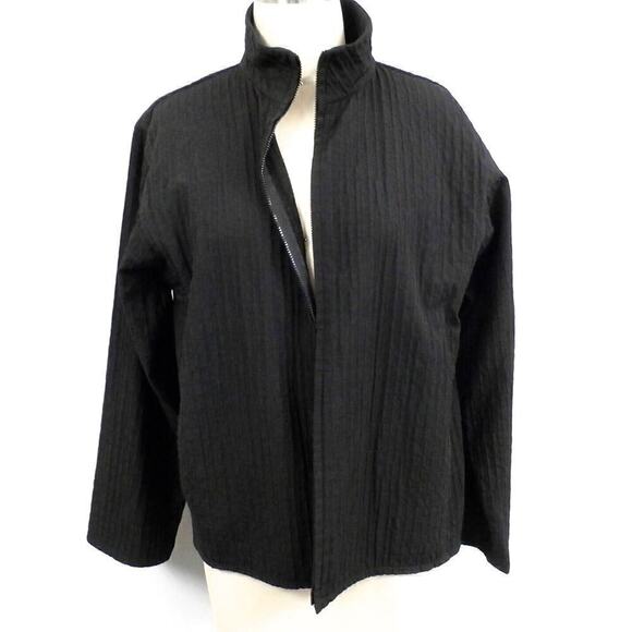 Eileen Fisher Cotton Blend Black Textured Zip Front Jacket S Excellent - Picture 1 of 4